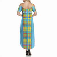 Personalized Bon Fete Kweyol Sent Lisi Summer Maxi Dress Saint Lucia Creole Day Madras Motifs Blue