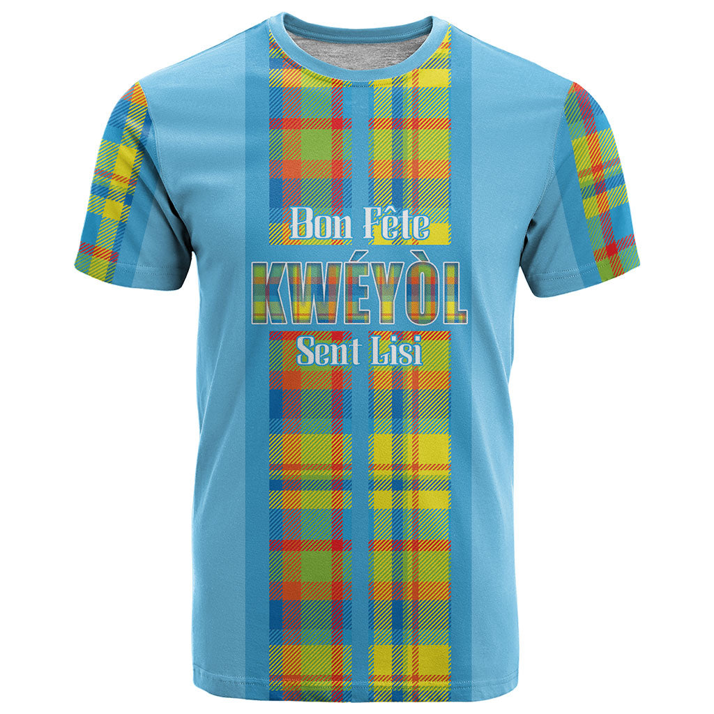 Personalized Bon Fete Kweyol Sent Lisi T Shirt Saint Lucia Creole Day Madras Motifs Blue