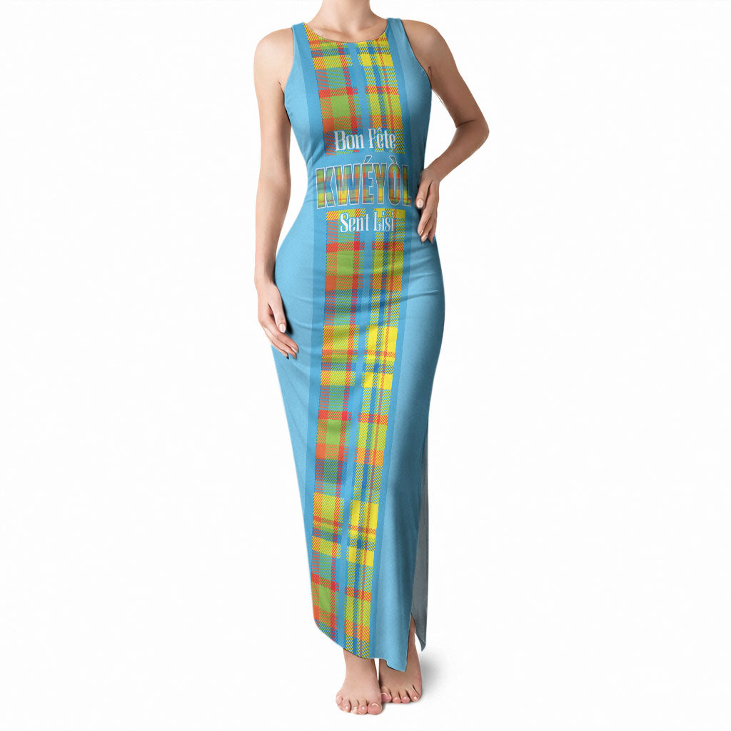 Personalized Bon Fete Kweyol Sent Lisi Tank Maxi Dress Saint Lucia Creole Day Madras Motifs Blue