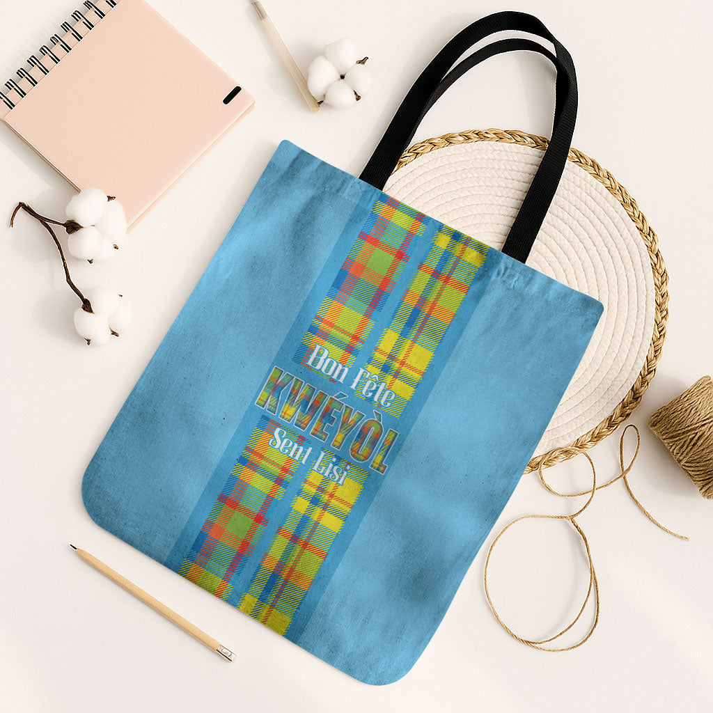 Bon Fete Kweyol Sent Lisi Tote Bag Saint Lucia Creole Day Madras Motifs Blue