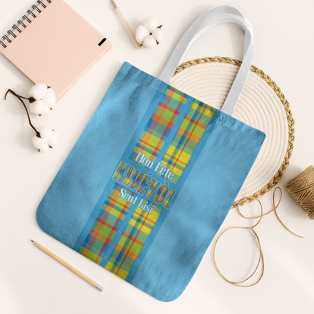 Bon Fete Kweyol Sent Lisi Tote Bag Saint Lucia Creole Day Madras Motifs Blue