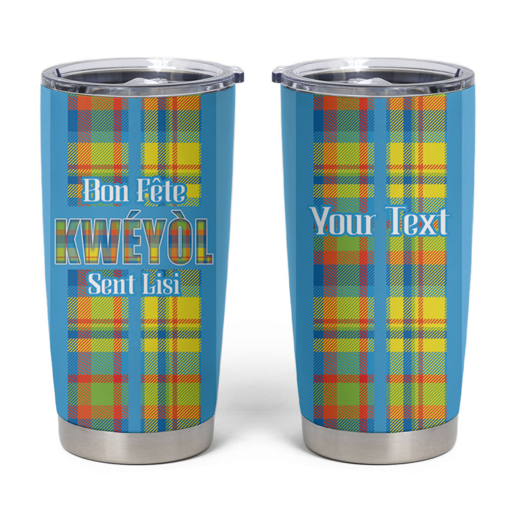 Personalized Bon Fete Kweyol Sent Lisi Tumbler Cup Saint Lucia Creole Day Madras Motifs Blue