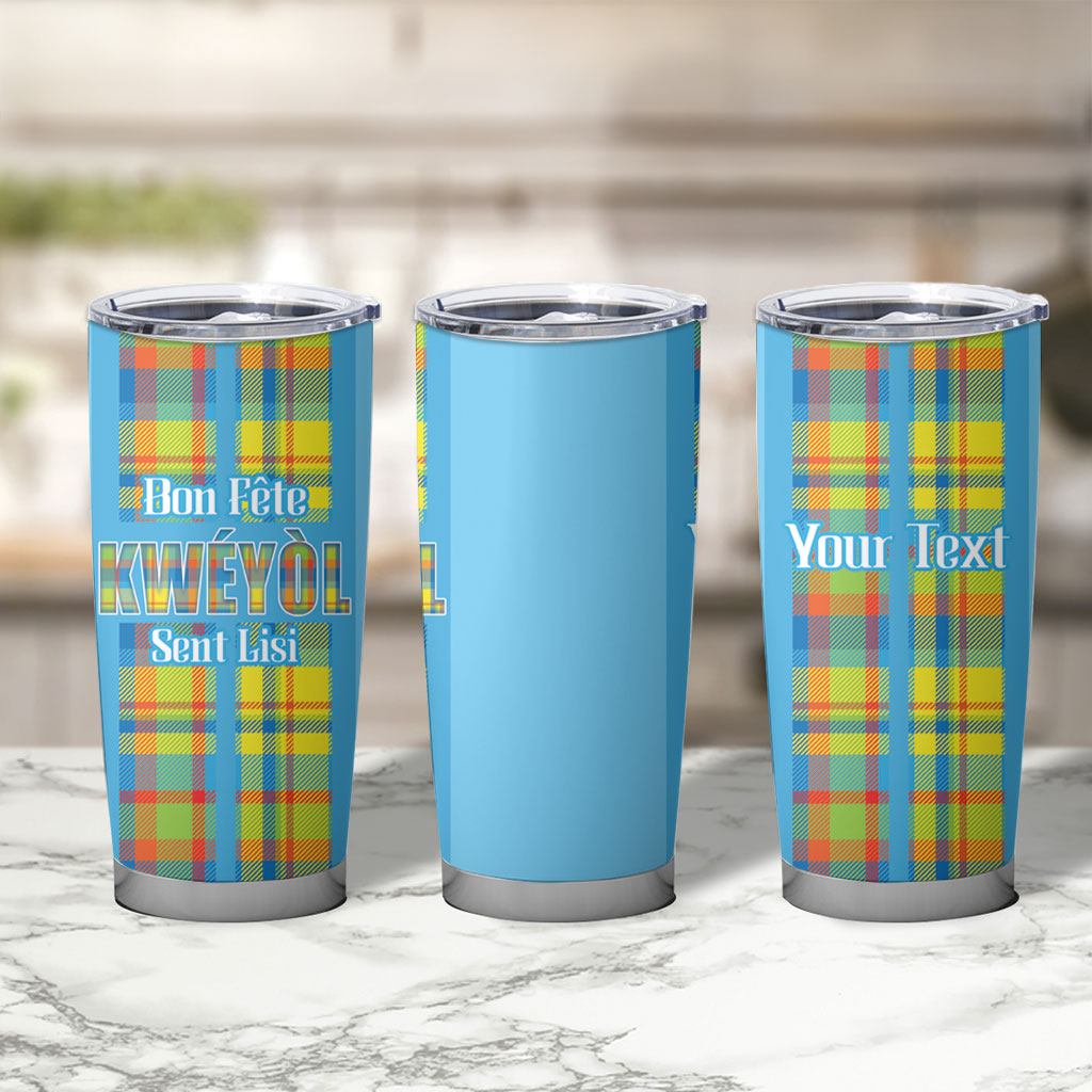 Personalized Bon Fete Kweyol Sent Lisi Tumbler Cup Saint Lucia Creole Day Madras Motifs Blue