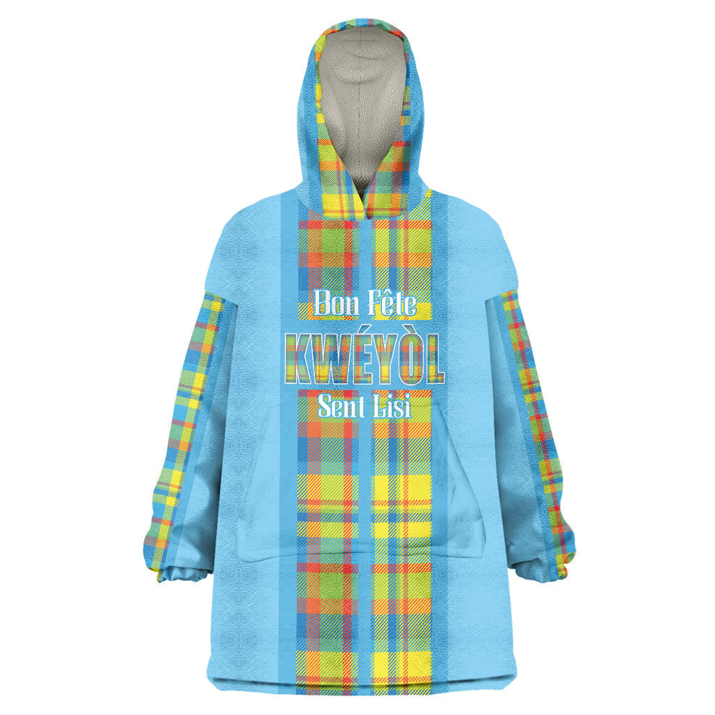 Personalized Bon Fete Kweyol Sent Lisi Wearable Blanket Hoodie Saint Lucia Creole Day Madras Motifs Blue