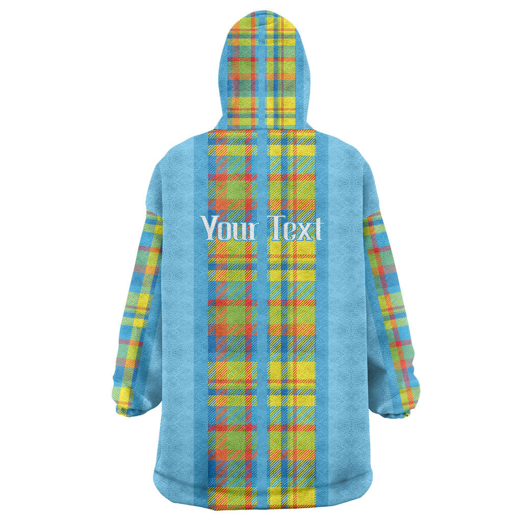Personalized Bon Fete Kweyol Sent Lisi Wearable Blanket Hoodie Saint Lucia Creole Day Madras Motifs Blue