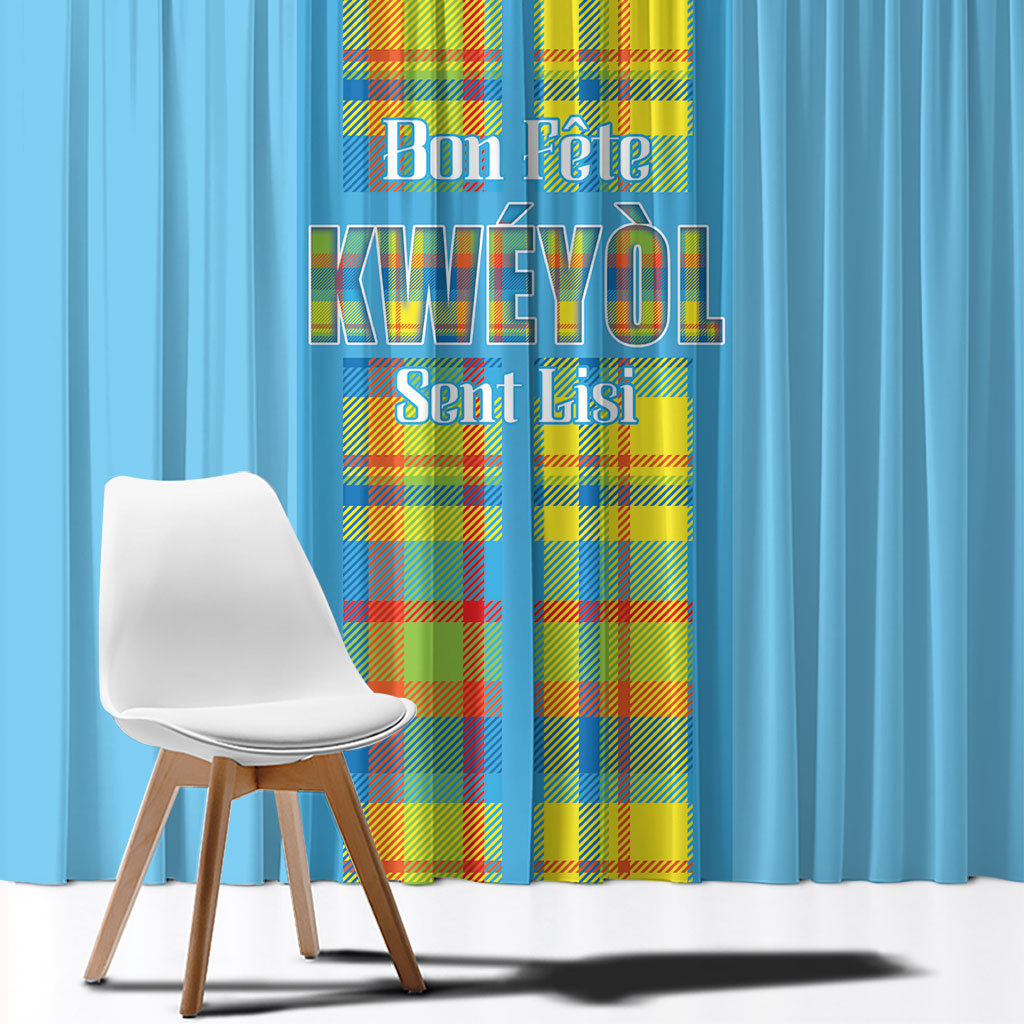Bon Fete Kweyol Sent Lisi Window Curtain Saint Lucia Creole Day Madras Motifs Blue