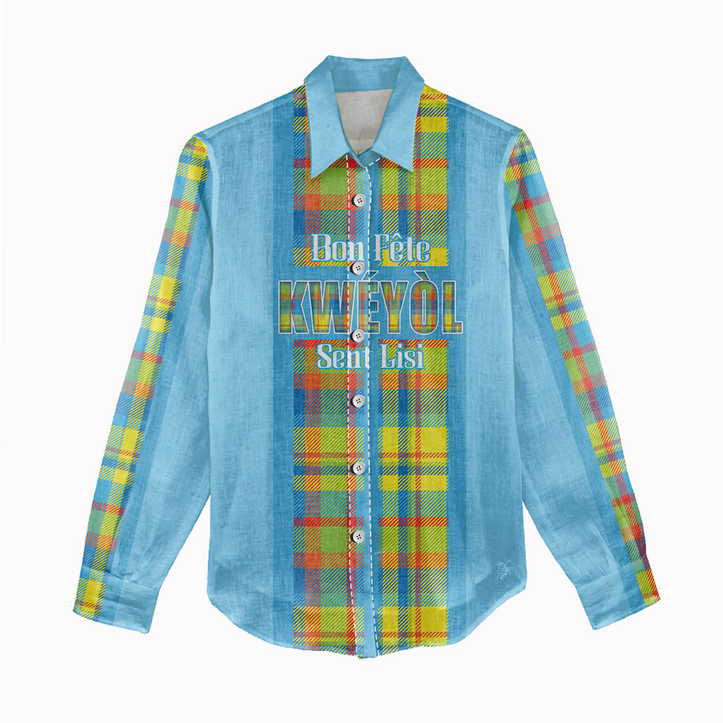 Personalized Bon Fete Kweyol Sent Lisi Women Casual Shirt Saint Lucia Creole Day Madras Motifs Blue