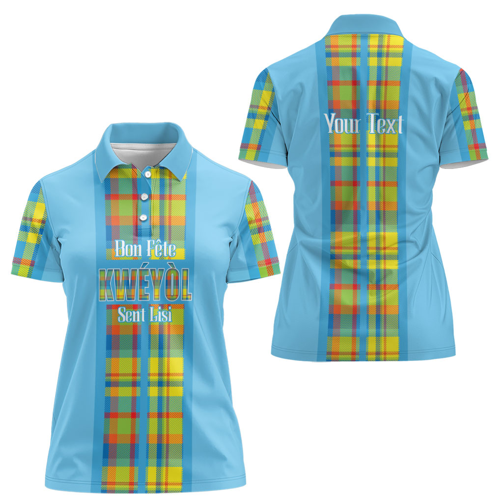 Personalized Bon Fete Kweyol Sent Lisi Women Polo Shirt Saint Lucia Creole Day Madras Motifs Blue