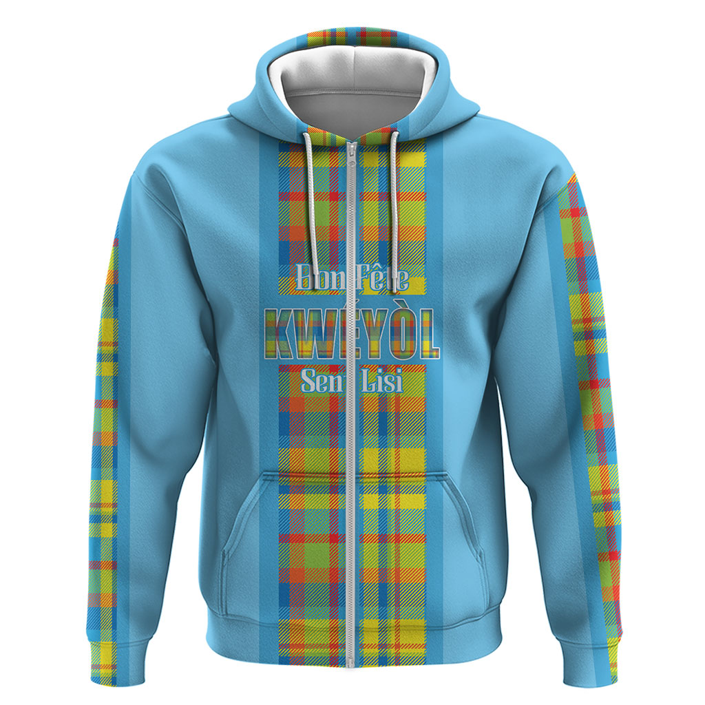 Personalized Bon Fete Kweyol Sent Lisi Zip Hoodie Saint Lucia Creole Day Madras Motifs Blue