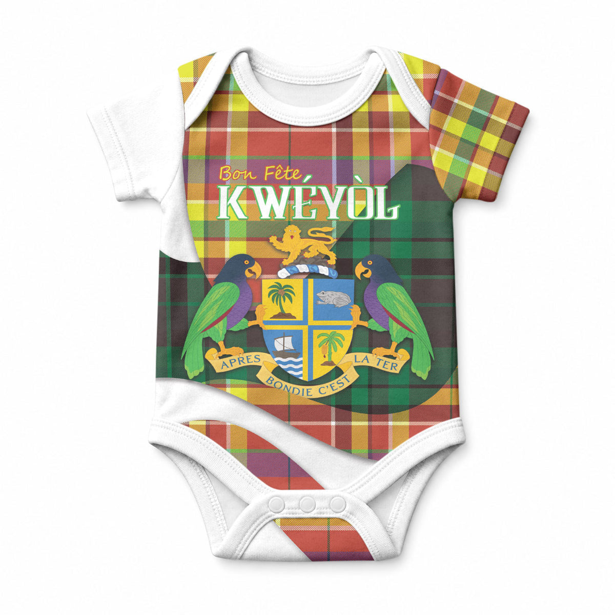 Personalized Bon Fete Kweyol Dominica Baby Onesie Creole Day Coat Of Arms Madras Motifs