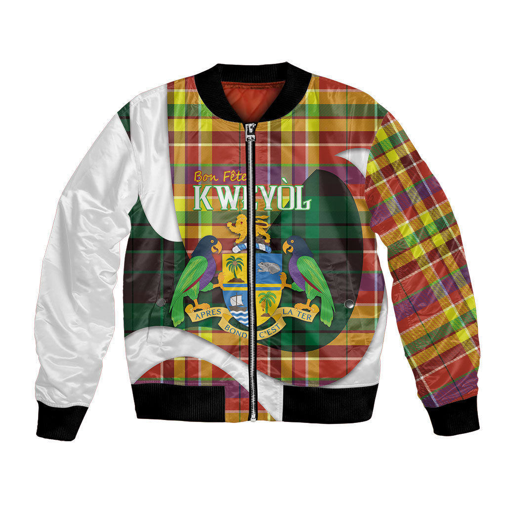 Personalized Bon Fete Kweyol Dominica Bomber Jacket Creole Day Coat Of Arms Madras Motifs