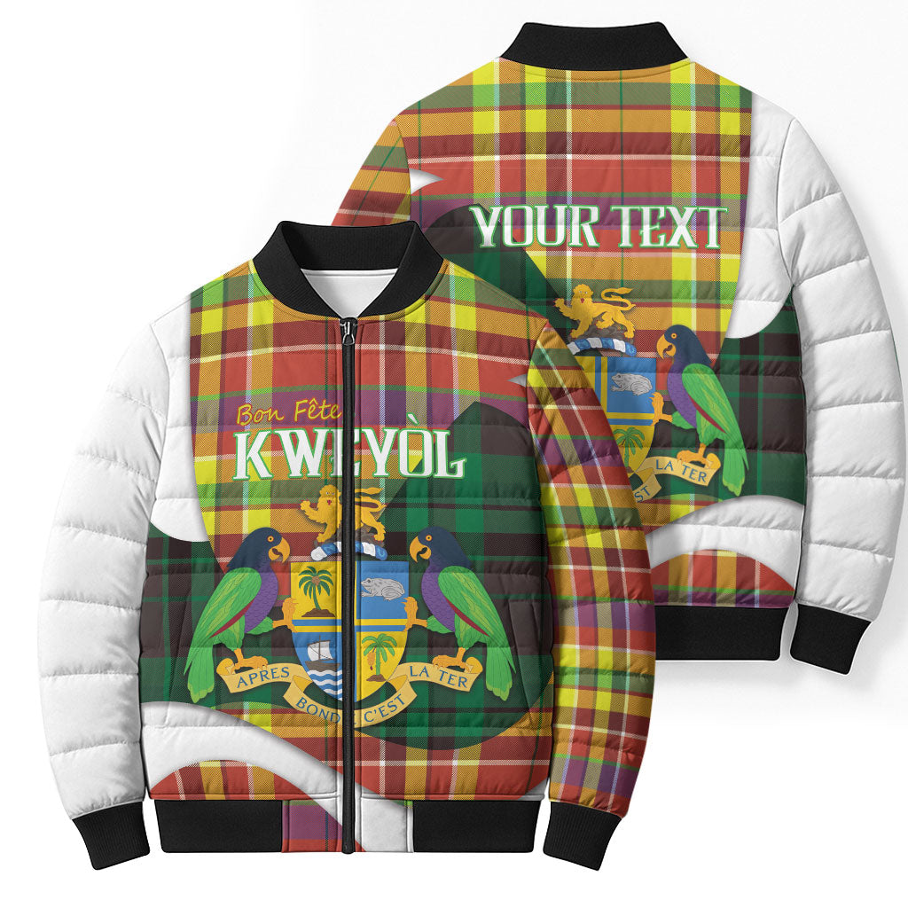Personalized Bon Fete Kweyol Dominica Bomber Puffer Jacket Creole Day Coat Of Arms Madras Motifs