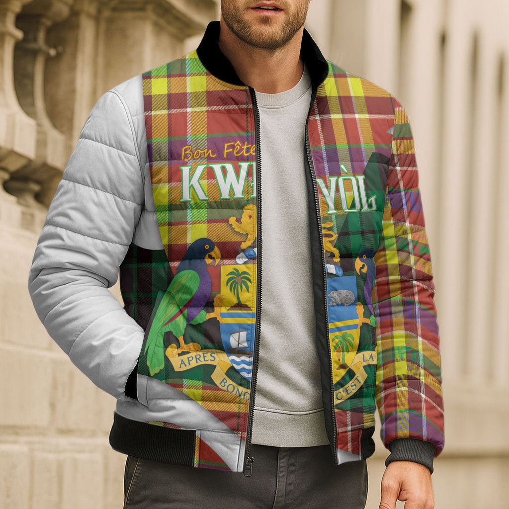 Personalized Bon Fete Kweyol Dominica Bomber Puffer Jacket Creole Day Coat Of Arms Madras Motifs
