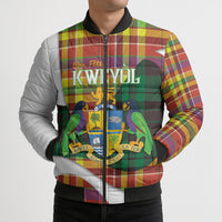 Personalized Bon Fete Kweyol Dominica Bomber Puffer Jacket Creole Day Coat Of Arms Madras Motifs