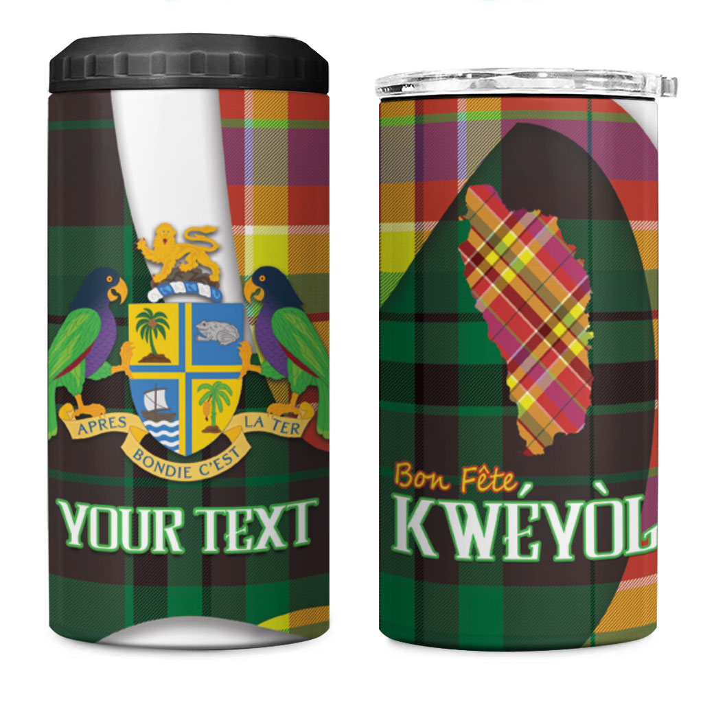 Personalized Bon Fete Kweyol Dominica 4 in 1 Can Cooler Tumbler Creole Day Coat Of Arms Madras Motifs