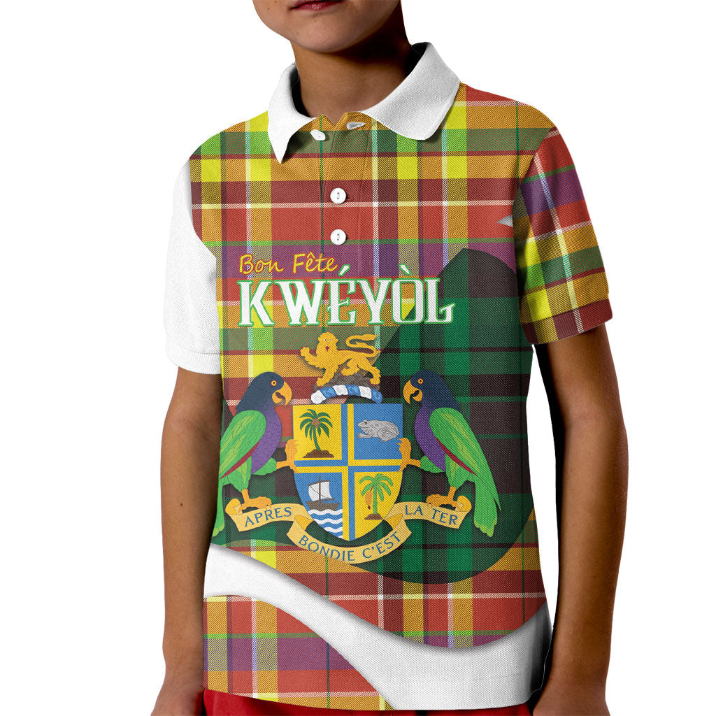 Personalized Bon Fete Kweyol Dominica Kid Polo Shirt Creole Day Coat Of Arms Madras Motifs