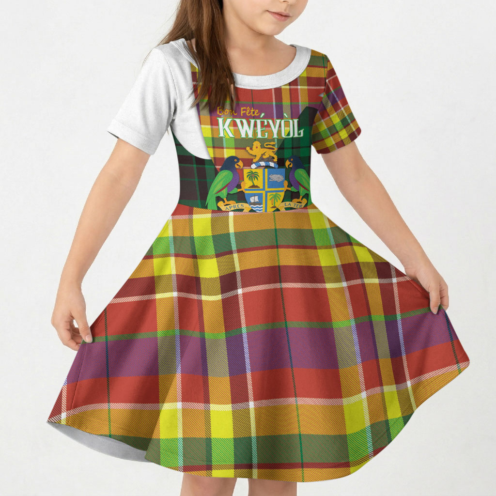 Personalized Bon Fete Kweyol Dominica Kid Short Sleeve Dress Creole Day Coat Of Arms Madras Motifs