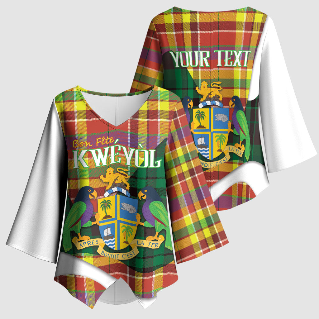 Personalized Bon Fete Kweyol Dominica Kimono Sleeve Blouse Creole Day Coat Of Arms Madras Motifs