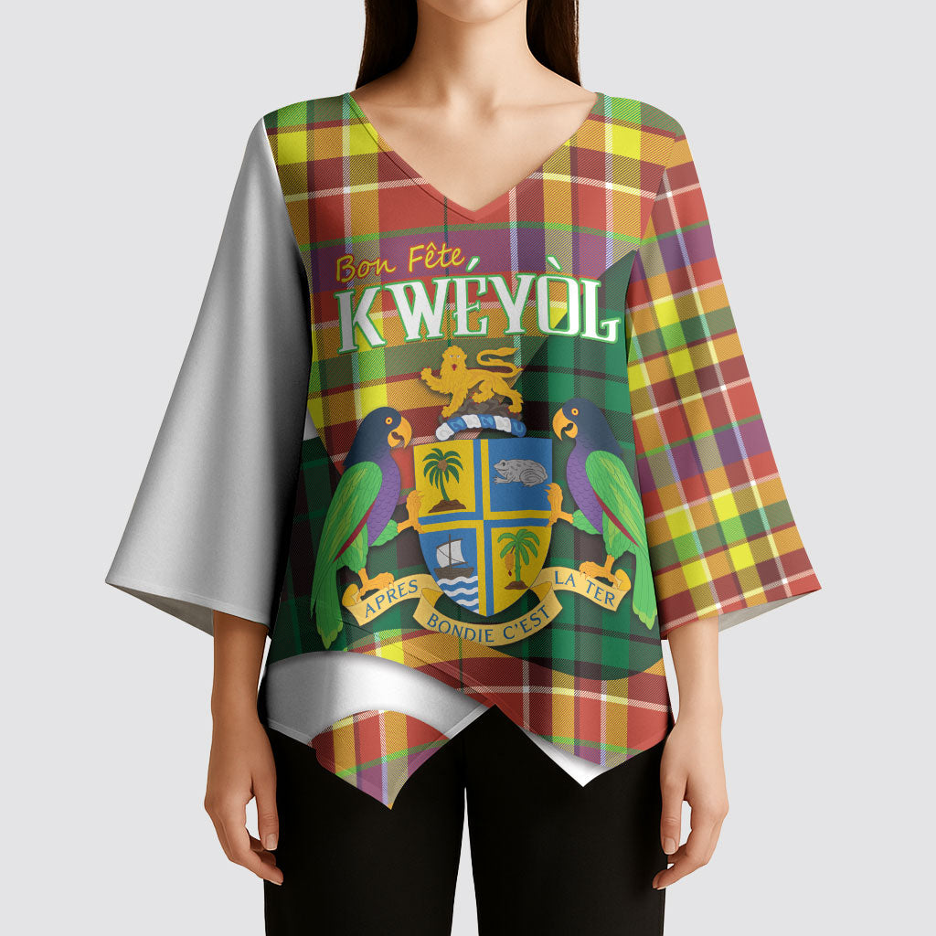 Personalized Bon Fete Kweyol Dominica Kimono Sleeve Blouse Creole Day Coat Of Arms Madras Motifs