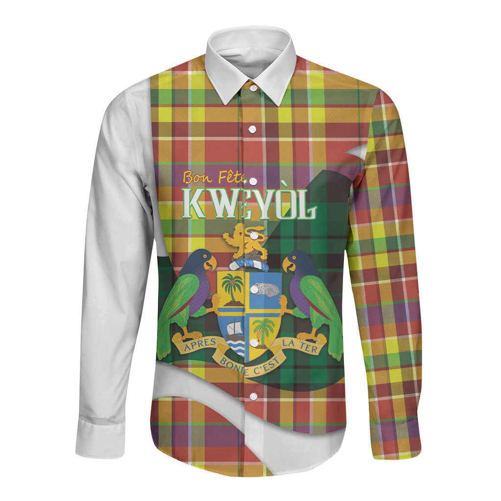 Personalized Bon Fete Kweyol Dominica Long Sleeve Button Shirt Creole Day Coat Of Arms Madras Motifs