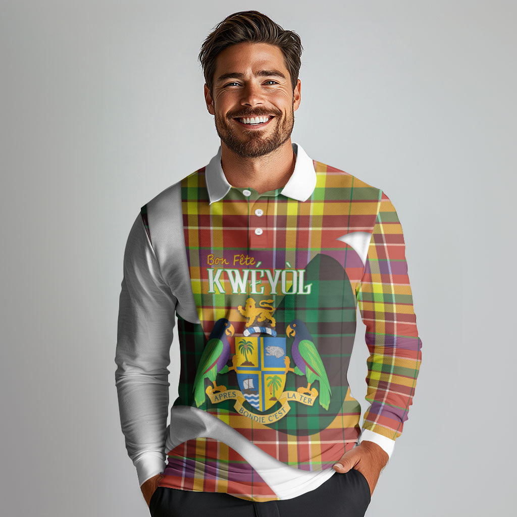 Personalized Bon Fete Kweyol Dominica Long Sleeve Polo Shirt Creole Day Coat Of Arms Madras Motifs