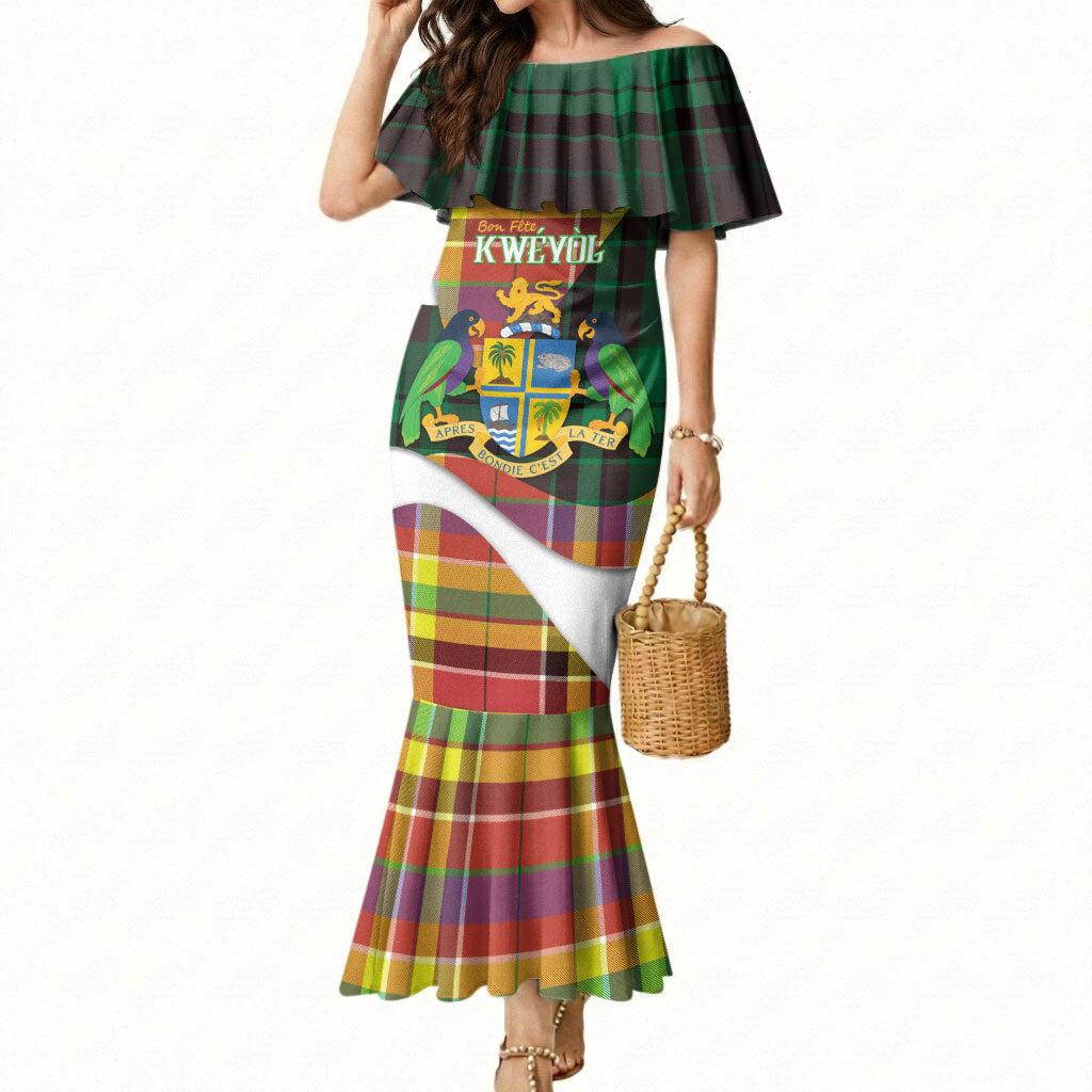 Personalized Bon Fete Kweyol Dominica Mermaid Dress Creole Day Coat Of Arms Madras Motifs