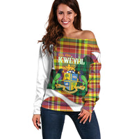 Personalized Bon Fete Kweyol Dominica Off Shoulder Sweater Creole Day Coat Of Arms Madras Motifs