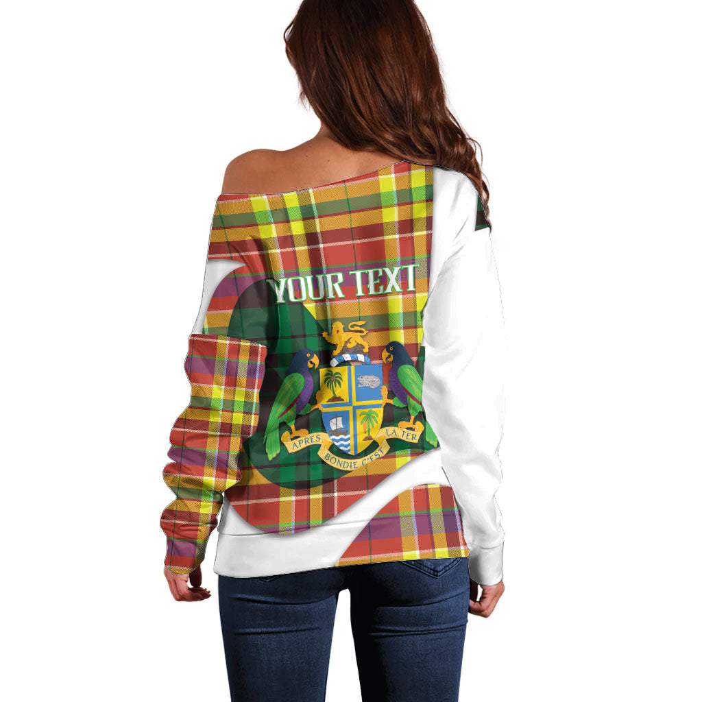 Personalized Bon Fete Kweyol Dominica Off Shoulder Sweater Creole Day Coat Of Arms Madras Motifs