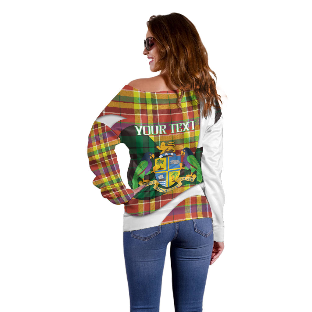 Personalized Bon Fete Kweyol Dominica Off Shoulder Sweater Creole Day Coat Of Arms Madras Motifs
