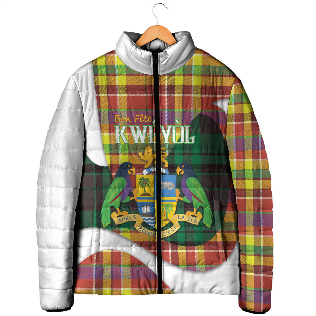 Personalized Bon Fete Kweyol Dominica Padded Jacket Creole Day Coat Of Arms Madras Motifs