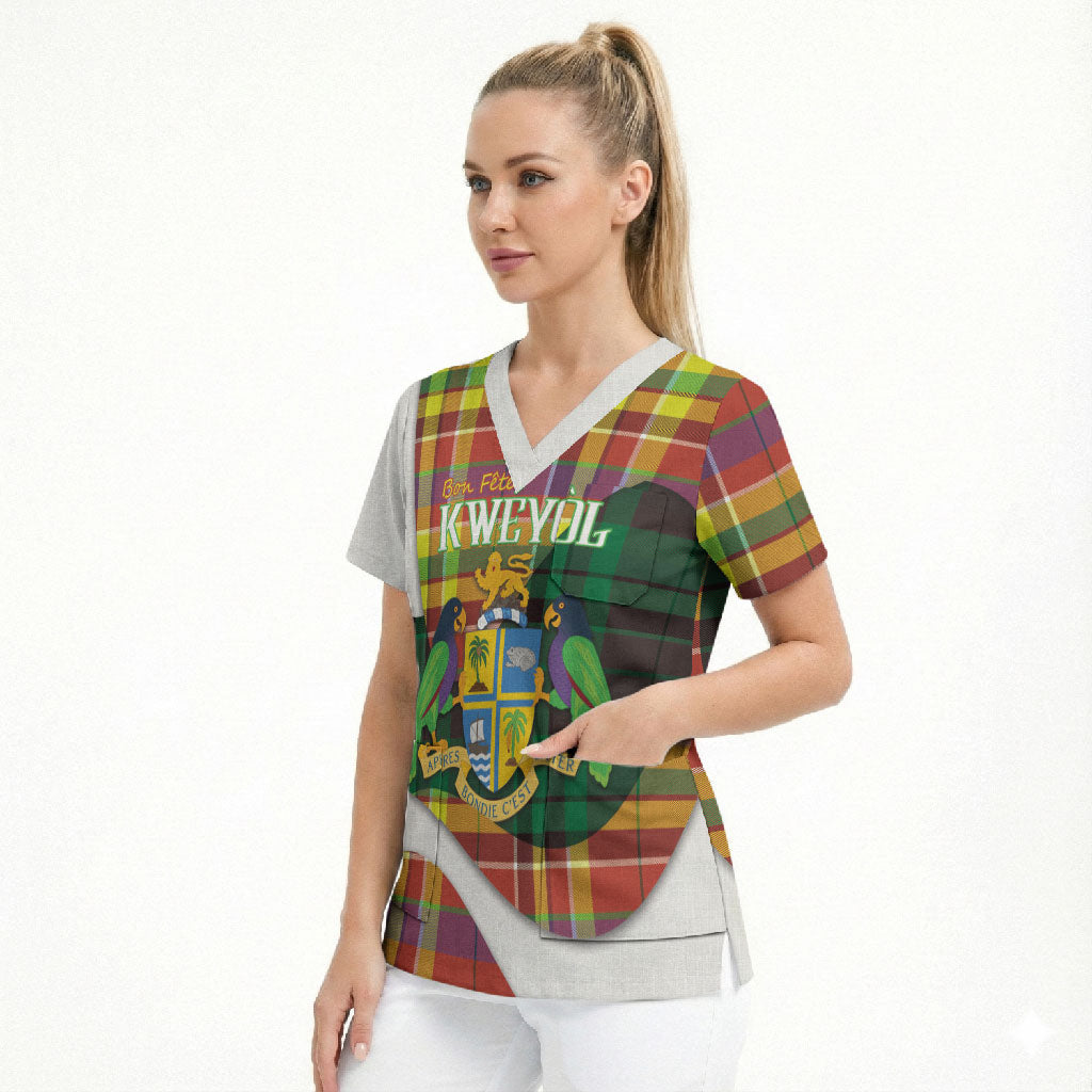 Personalized Bon Fete Kweyol Dominica Scrub Top Creole Day Coat Of Arms Madras Motifs