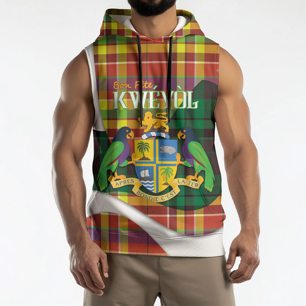 Personalized Bon Fete Kweyol Dominica Sleeveless Hoodie Creole Day Coat Of Arms Madras Motifs