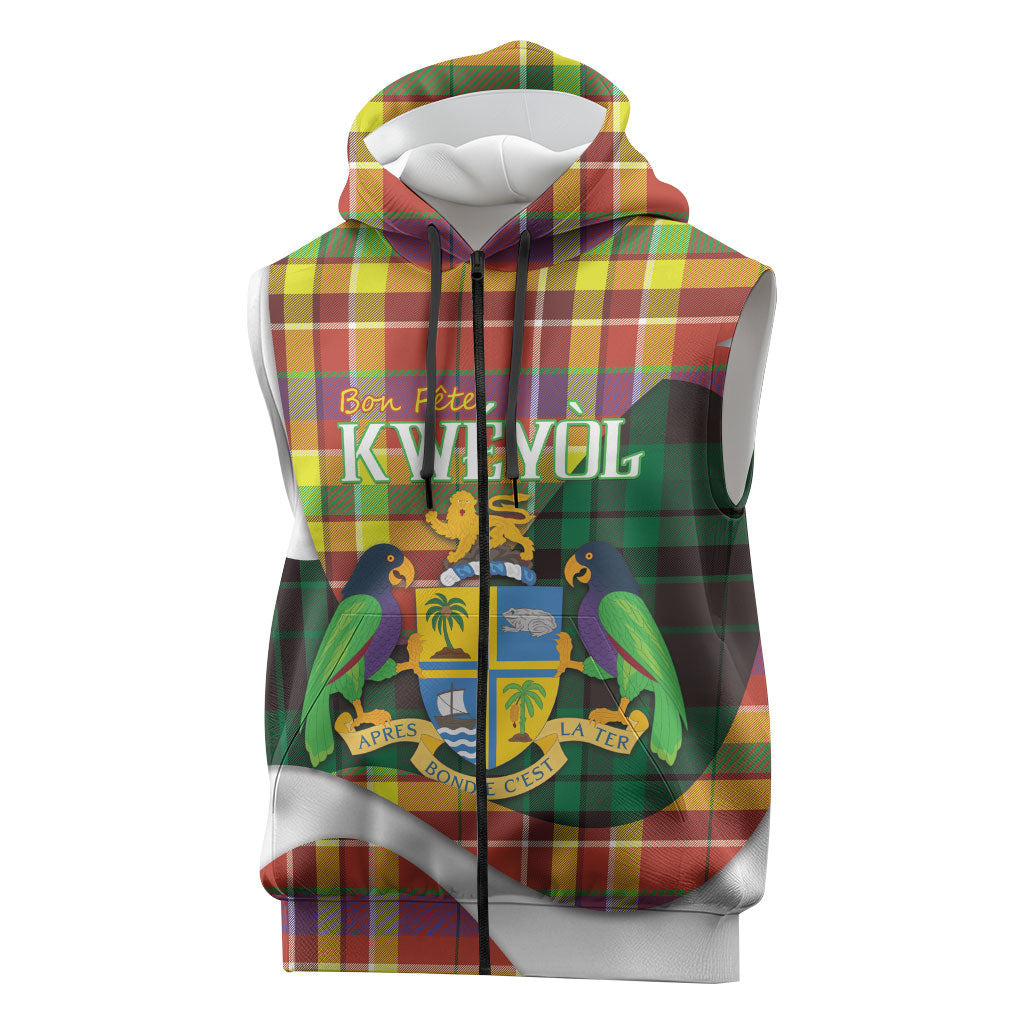 Personalized Bon Fete Kweyol Dominica Sleeveless Zip Hoodie Creole Day Coat Of Arms Madras Motifs