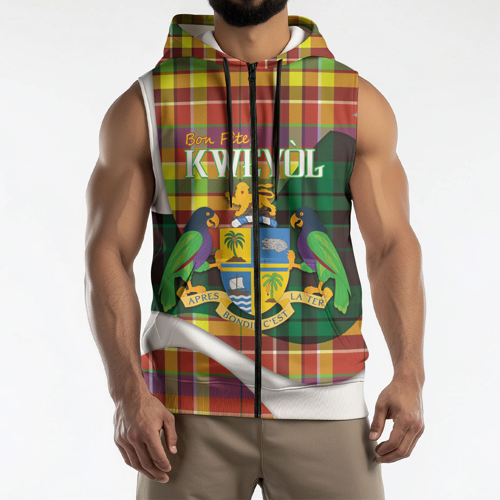 Personalized Bon Fete Kweyol Dominica Sleeveless Zip Hoodie Creole Day Coat Of Arms Madras Motifs