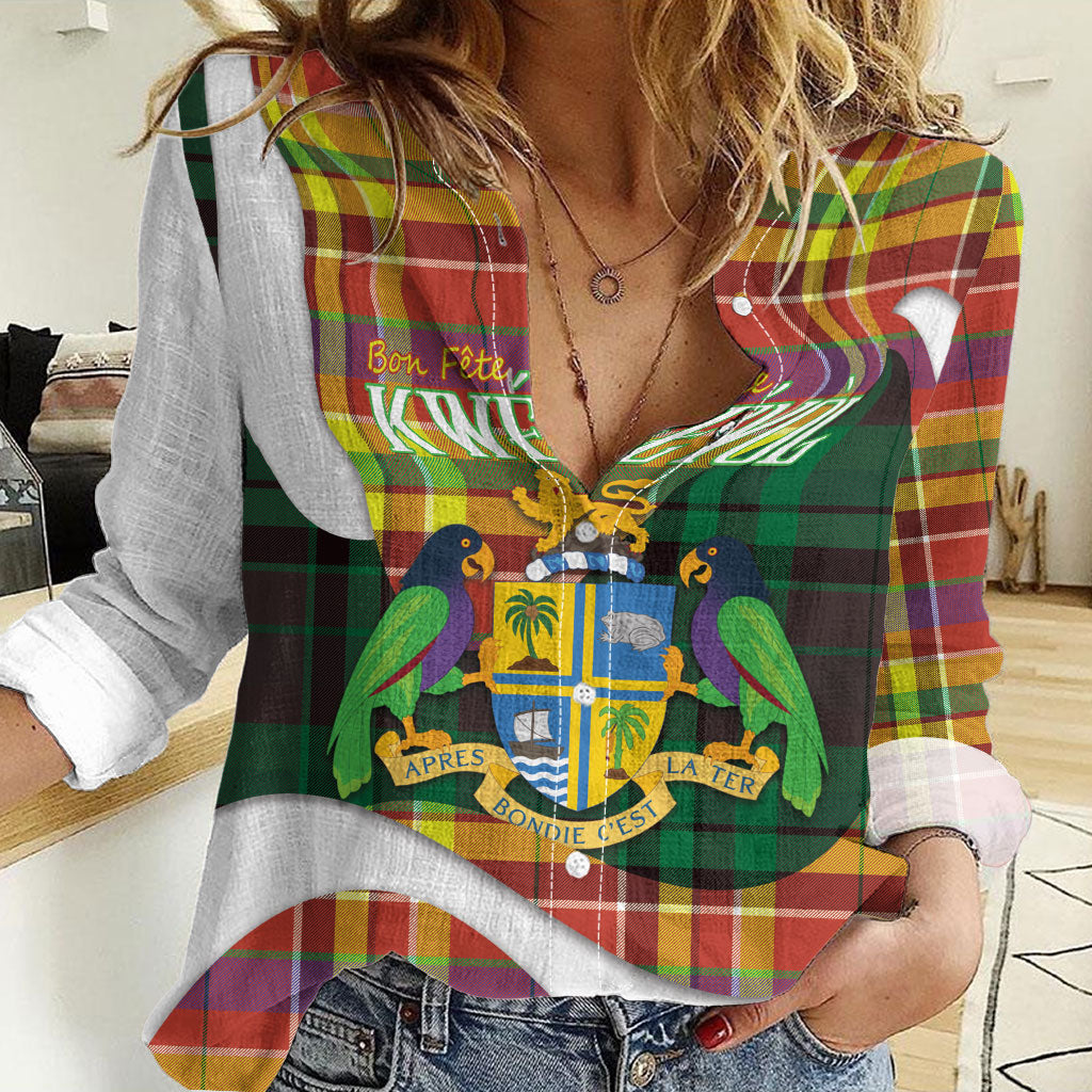 Personalized Bon Fete Kweyol Dominica Women Casual Shirt Creole Day Coat Of Arms Madras Motifs