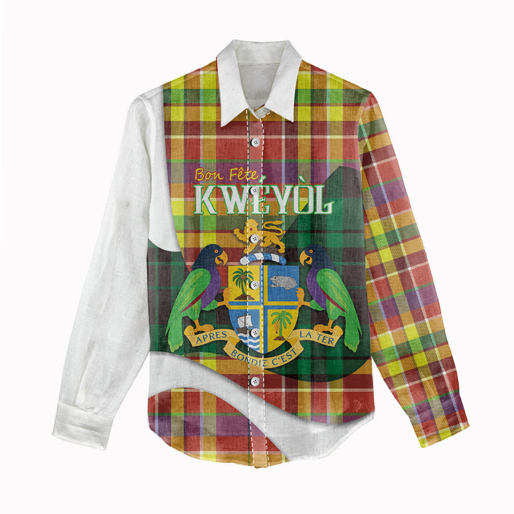 Personalized Bon Fete Kweyol Dominica Women Casual Shirt Creole Day Coat Of Arms Madras Motifs