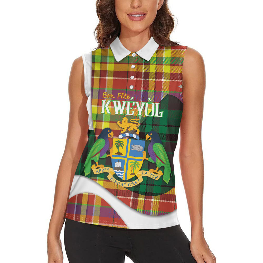 Personalized Bon Fete Kweyol Dominica Women Sleeveless Polo Shirt Creole Day Coat Of Arms Madras Motifs
