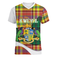 Personalized Bon Fete Kweyol Dominica Women V-Neck T-Shirt Creole Day Coat Of Arms Madras Motifs