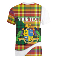 Personalized Bon Fete Kweyol Dominica Women V-Neck T-Shirt Creole Day Coat Of Arms Madras Motifs