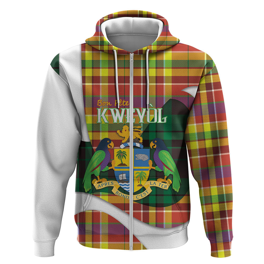 Personalized Bon Fete Kweyol Dominica Zip Hoodie Creole Day Coat Of Arms Madras Motifs