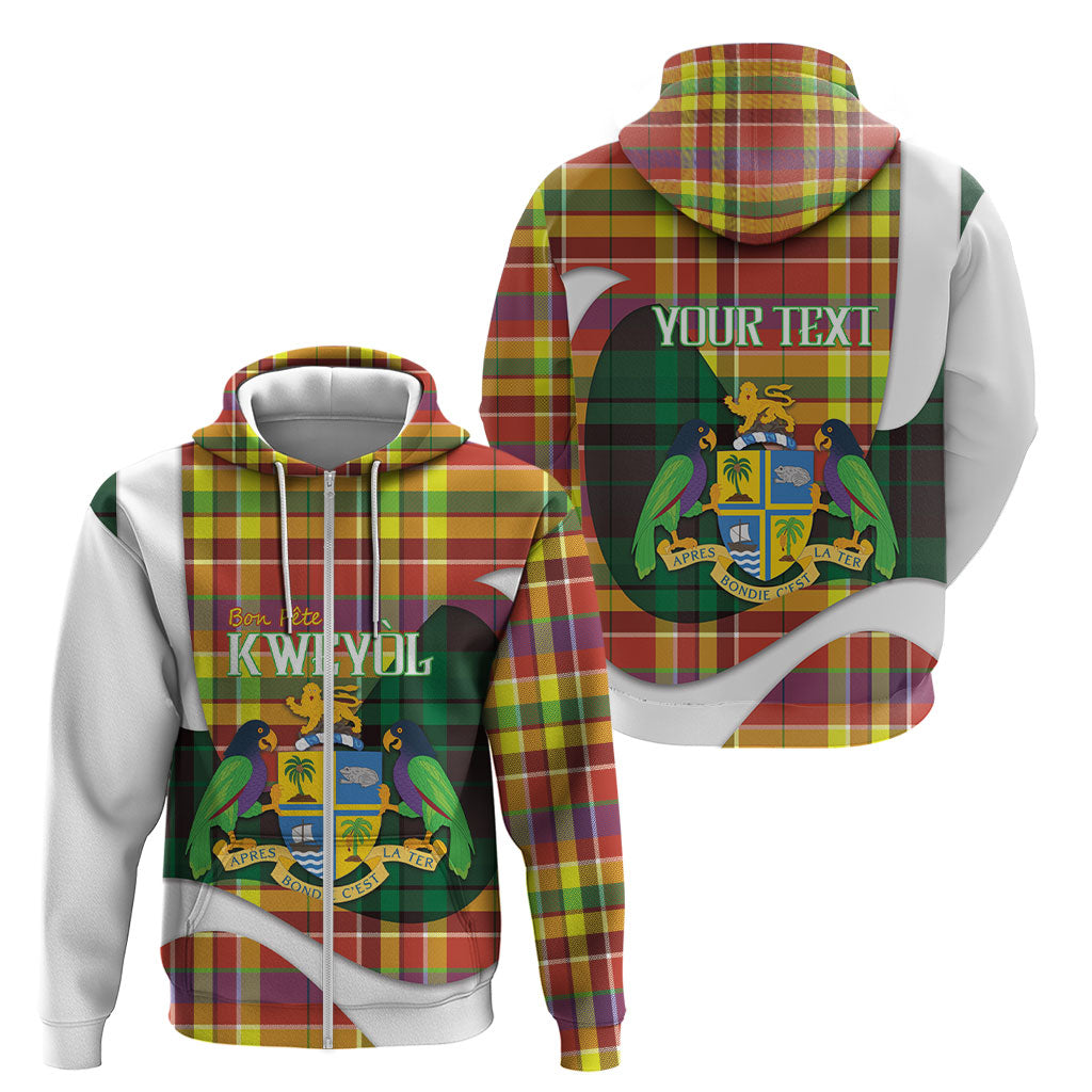 Personalized Bon Fete Kweyol Dominica Zip Hoodie Creole Day Coat Of Arms Madras Motifs
