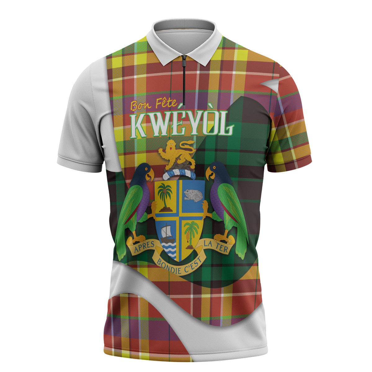 Personalized Bon Fete Kweyol Dominica Zipper Polo Shirt Creole Day Coat Of Arms Madras Motifs