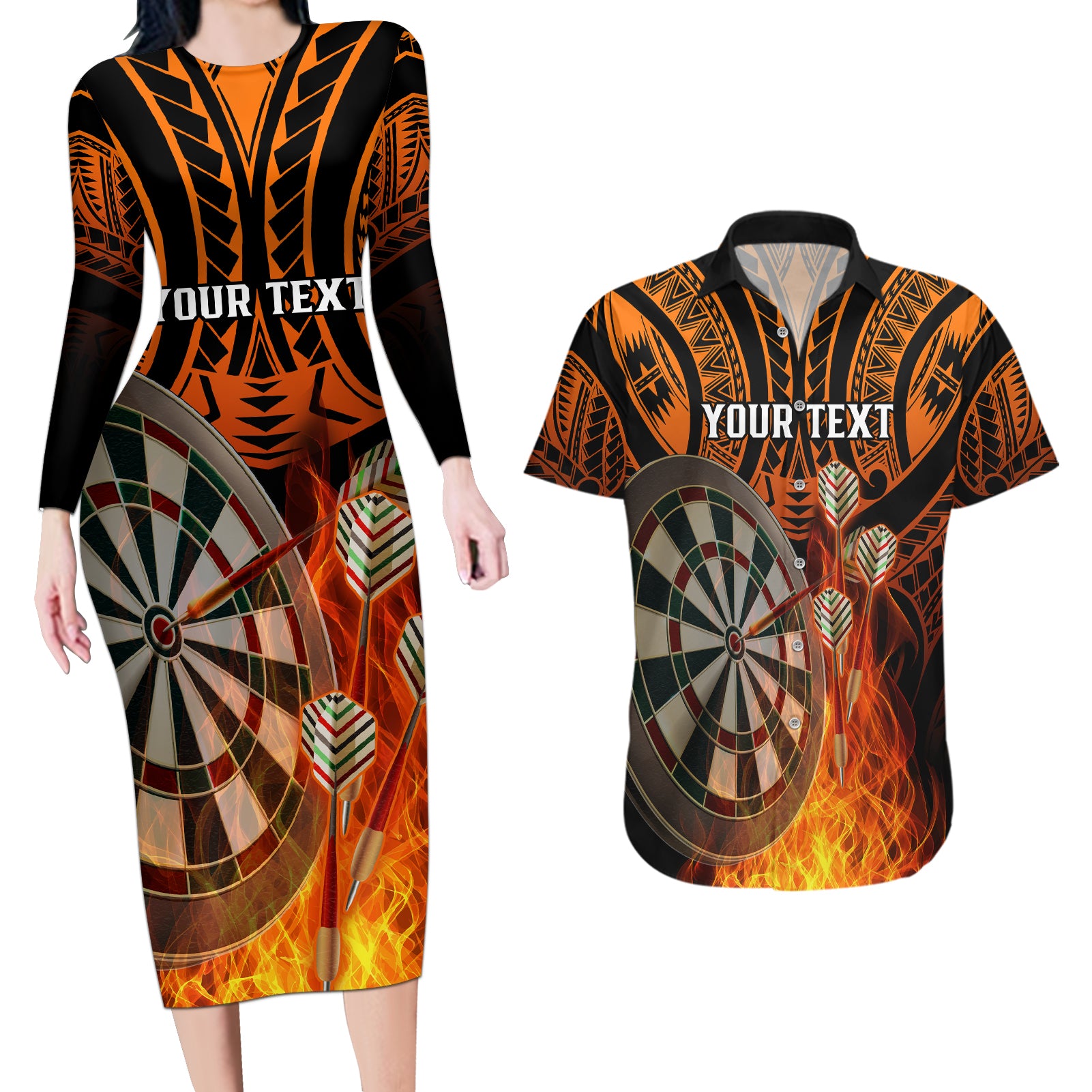 Personalised Polynesian Darts Couples Matching Long Sleeve Bodycon Dress and Hawaiian Shirt Fire Burning With Tribal Tattoo - Wonder Print Shop