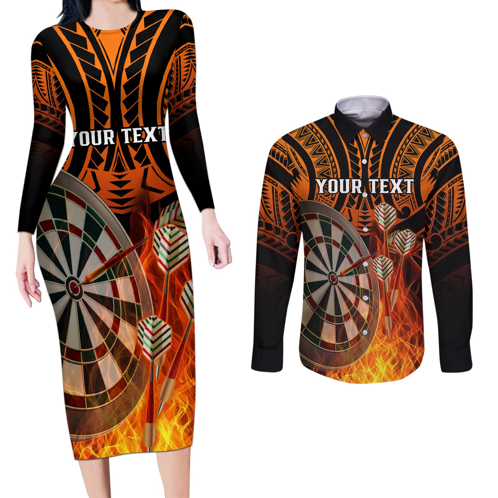 Personalised Polynesian Darts Couples Matching Long Sleeve Bodycon Dress and Long Sleeve Button Shirts Fire Burning With Tribal Tattoo - Wonder Print Shop