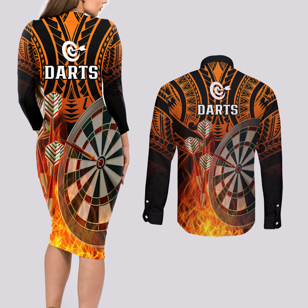 Personalised Polynesian Darts Couples Matching Long Sleeve Bodycon Dress and Long Sleeve Button Shirts Fire Burning With Tribal Tattoo - Wonder Print Shop