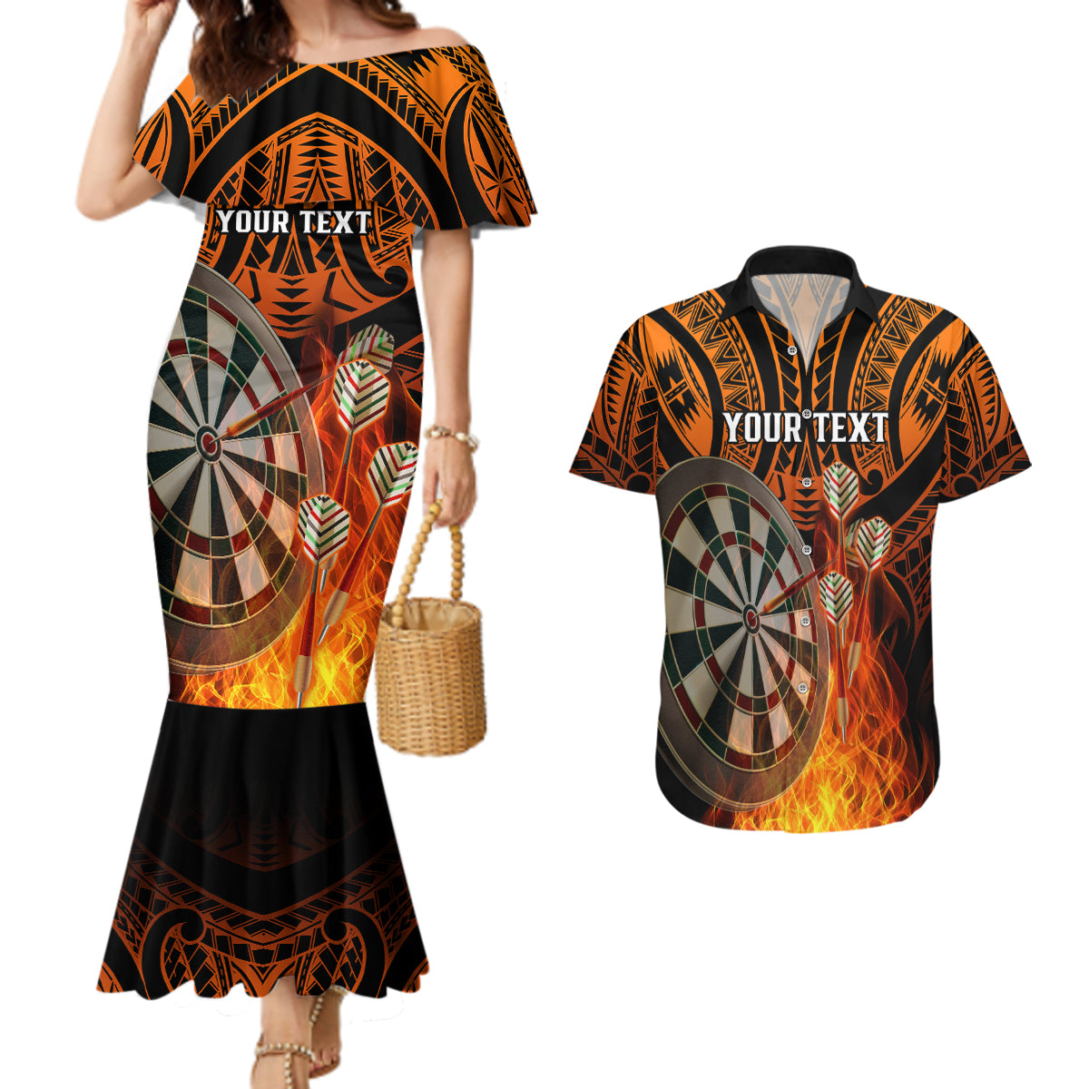 Personalised Polynesian Darts Couples Matching Mermaid Dress and Hawaiian Shirt Fire Burning With Tribal Tattoo - Wonder Print Shop