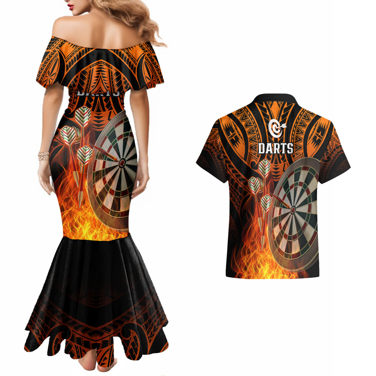 Personalised Polynesian Darts Couples Matching Mermaid Dress and Hawaiian Shirt Fire Burning With Tribal Tattoo - Wonder Print Shop