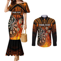 personalised-polynesian-darts-couples-matching-mermaid-dress-and-long-sleeve-button-shirts-fire-burning-with-tribal-tattoo