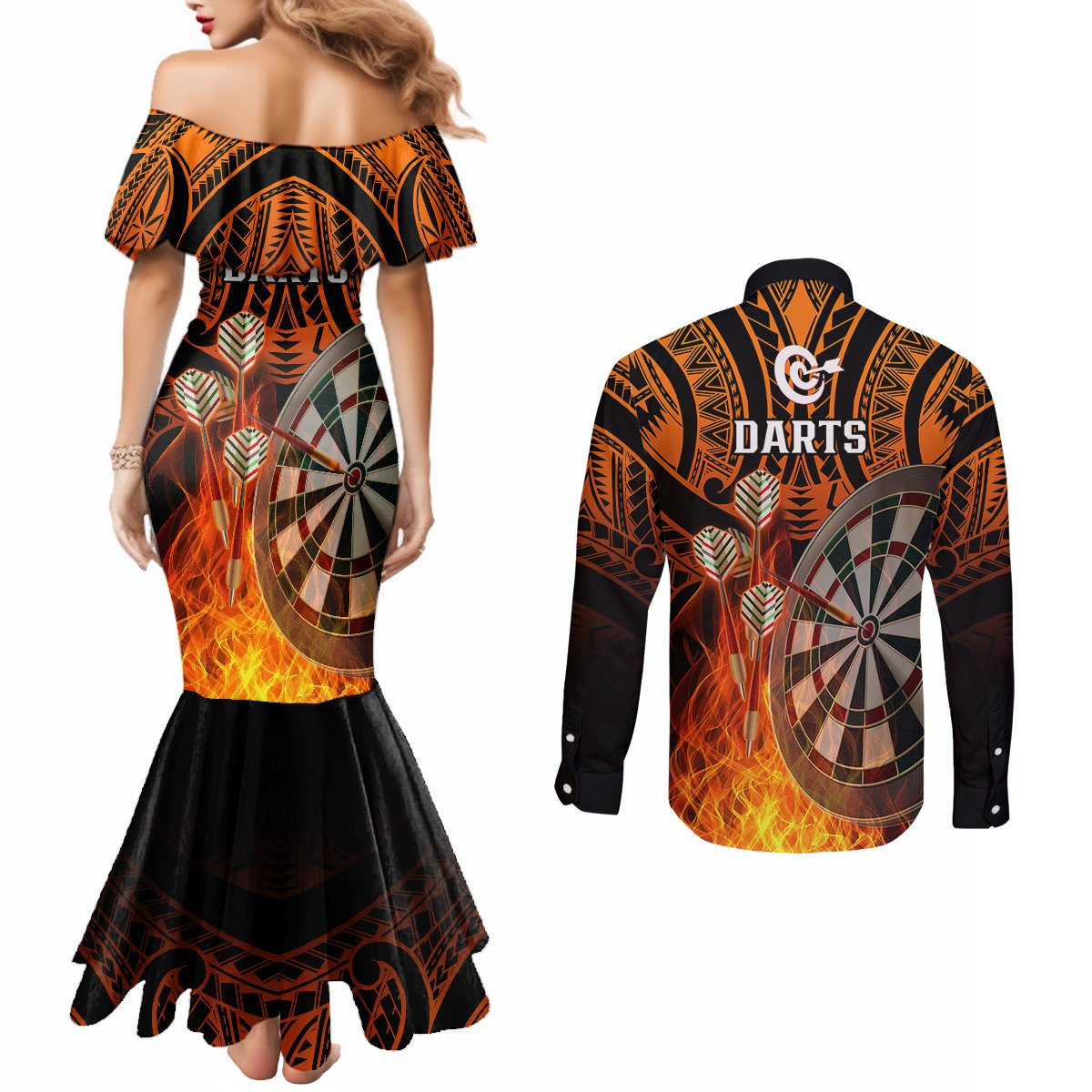 personalised-polynesian-darts-couples-matching-mermaid-dress-and-long-sleeve-button-shirts-fire-burning-with-tribal-tattoo