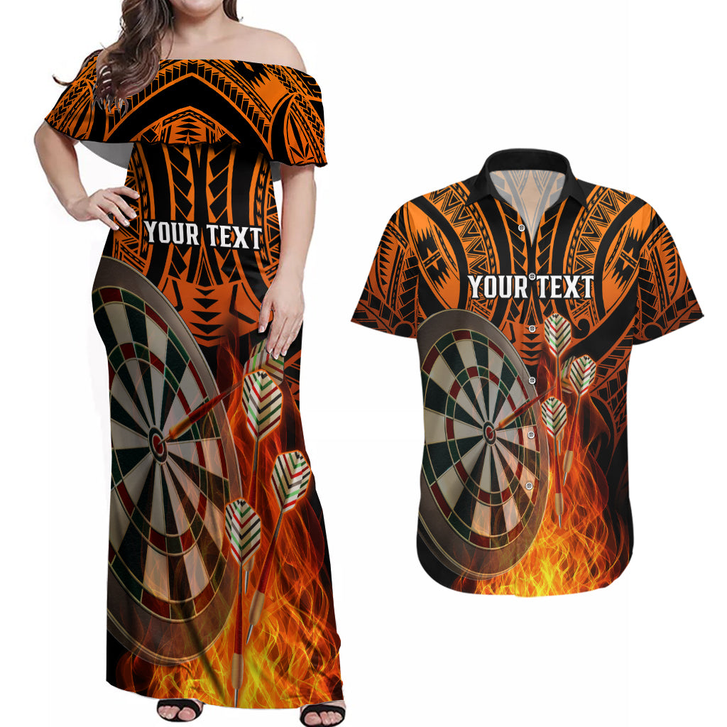 Personalised Polynesian Darts Couples Matching Off Shoulder Maxi Dress and Hawaiian Shirt Fire Burning With Tribal Tattoo - Wonder Print Shop